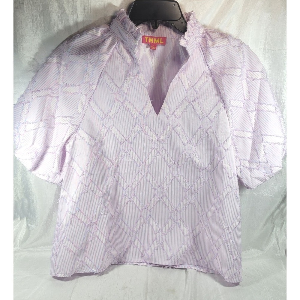 THML Women's Short Bubble Sleeve Textured Fringe Blouse - Lavender/Pink - Small